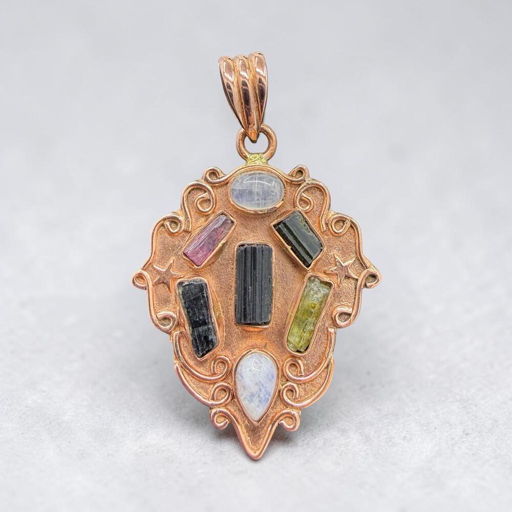 Multicolor Tourmaline Moonstone Copper Shield Pendant Handmade Pink Green Black